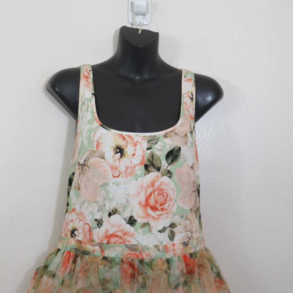Alice + Olivia Peach Rose Print Scoop-Neck Mini Dress on Mint - Picture 4 of 7